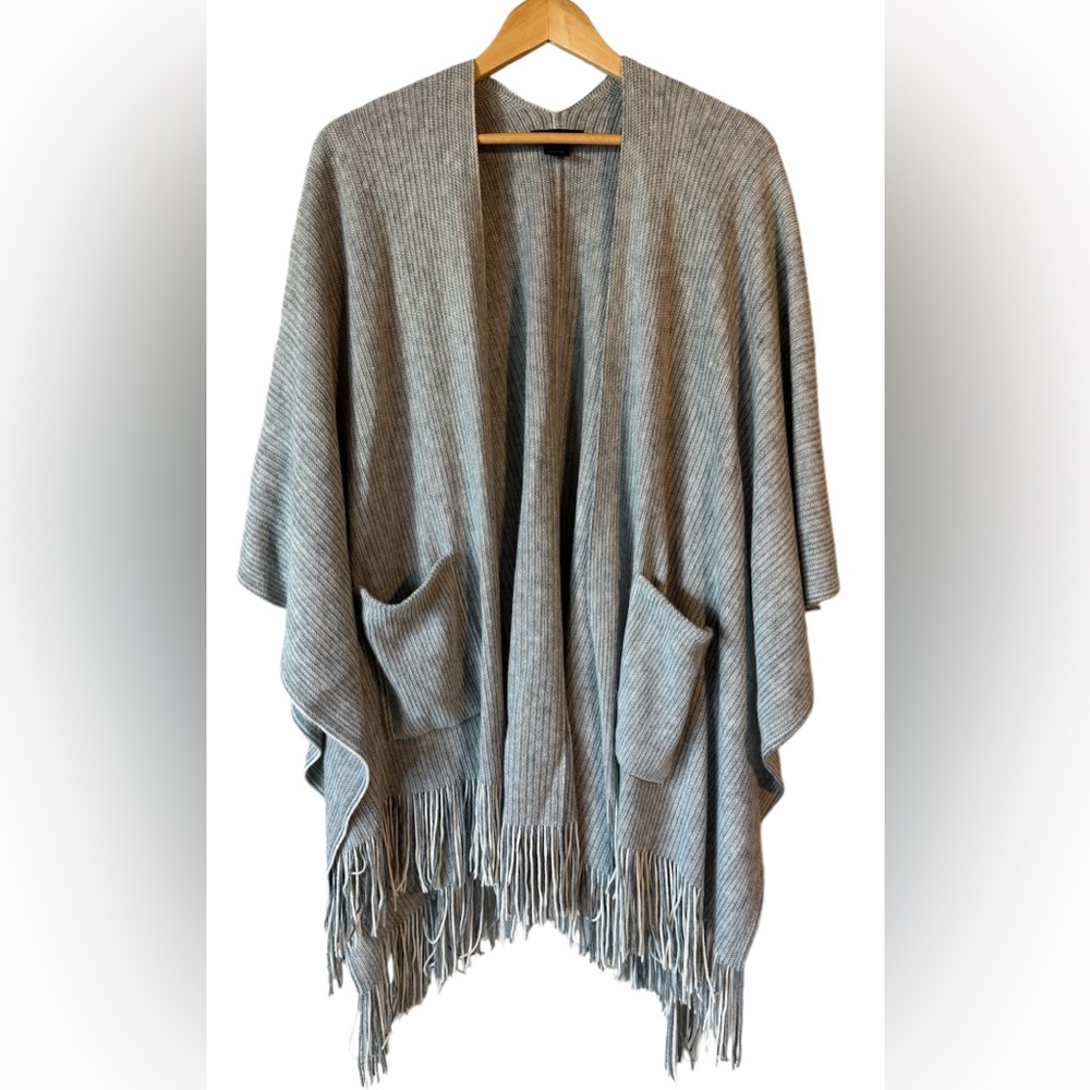 Steve Madden OSFM Gray Fringe Knit Open Shawl Sweater